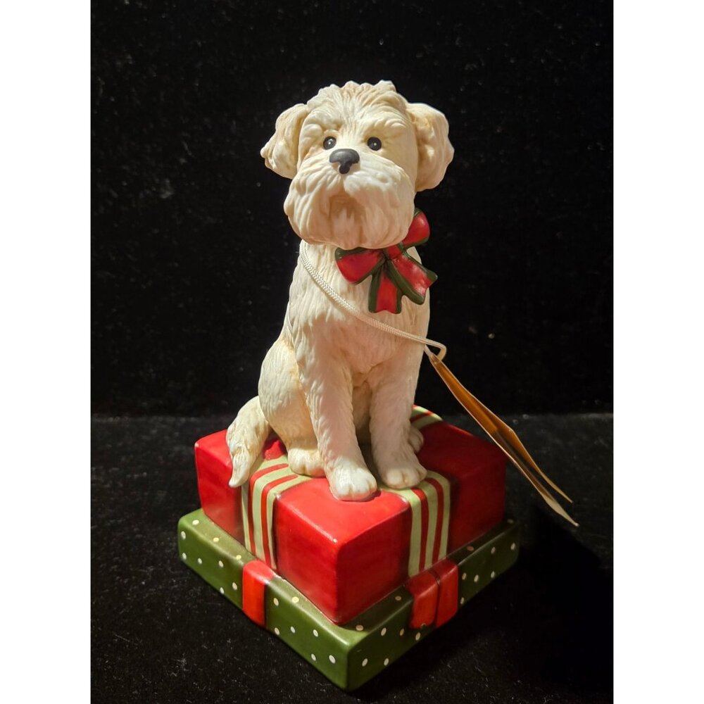 Schmid Vintage Music box Dog, labradoodle, white dog, Figurine On Gift Boxes